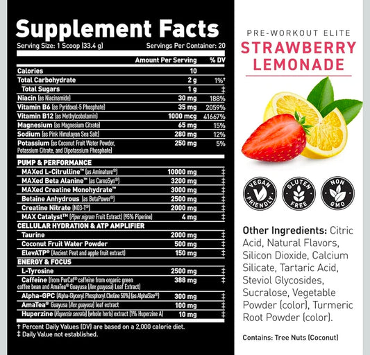 Kaged Pre Workout Elite Powder | Strawberry Lemonade | Pre-Workout with Creatine, Beta Alanine, L-Citrulline, BCAAs | 388 mg Organic Caffeine | Pre Supplements for Men & Women | 20 Servings