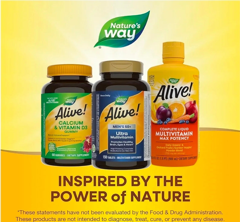 Nature's Way Alive! Ultra Potency Multivitamin for Men 50 Plus, Complete High Potency Formula with Vitamin D3, C, E, Methyl B12, Supports Cellular Energy, Heart, Brain, and Eye Health,* 150 Tablets