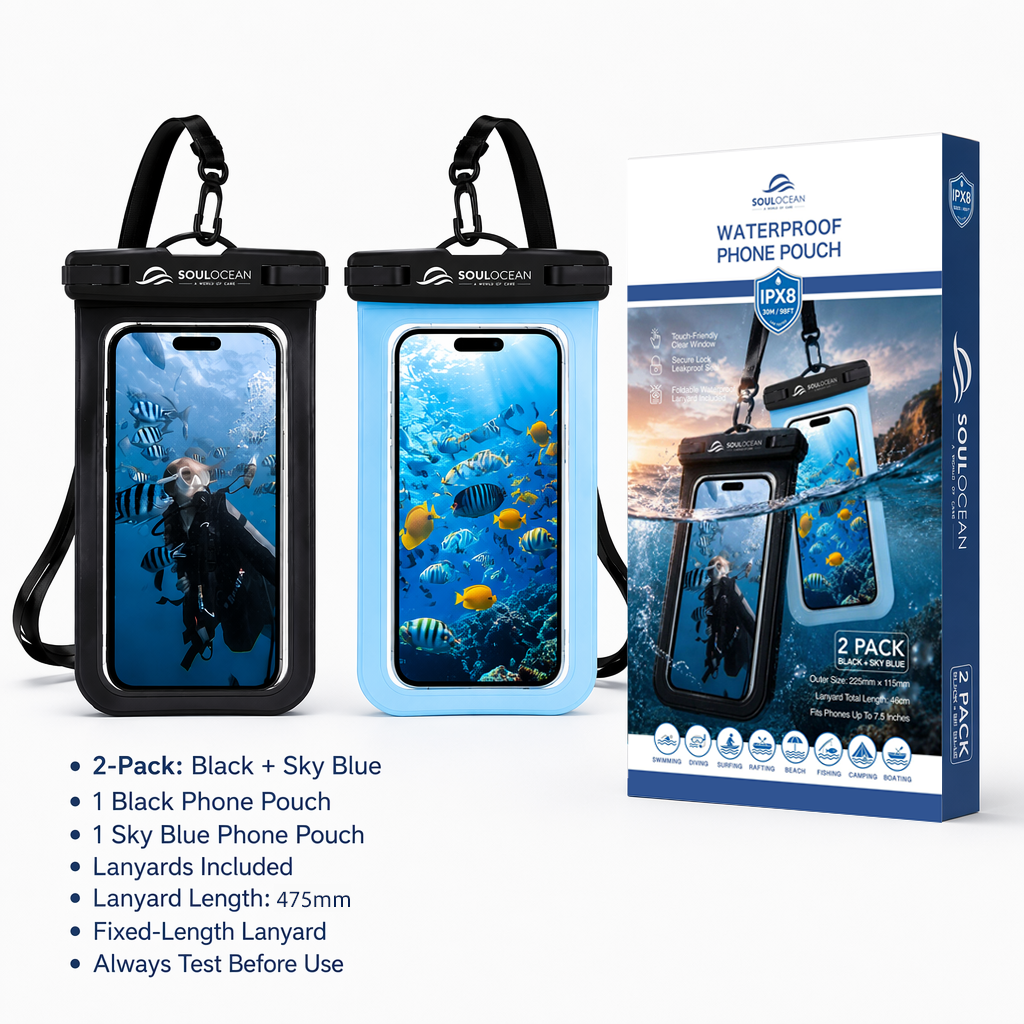 SOULOCEAN Waterproof Phone Pouch, IPX8, 2 Pack, Fits Most Smartphones, Dry Bag