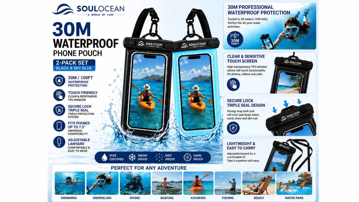SOULOCEAN Waterproof Phone Pouch, IPX8, 2 Pack, Fits Most Smartphones, Dry Bag