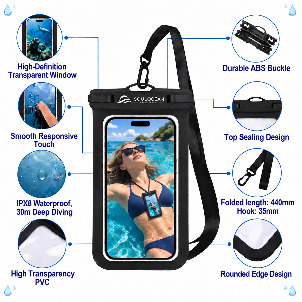 SOULOCEAN Waterproof Phone Pouch, IPX8, 2 Pack, Fits Most Smartphones, Dry Bag