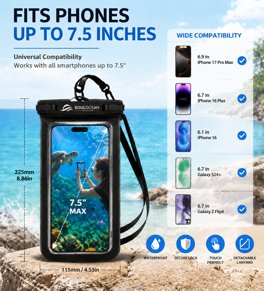 SOULOCEAN Waterproof Phone Pouch, IPX8, 2 Pack, Fits Most Smartphones, Dry Bag