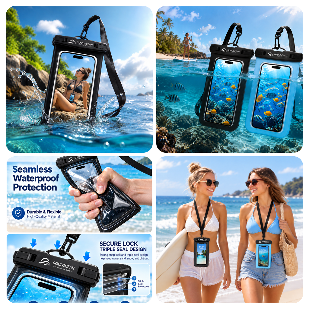 SOULOCEAN Waterproof Phone Pouch, IPX8, 2 Pack, Fits Most Smartphones, Dry Bag