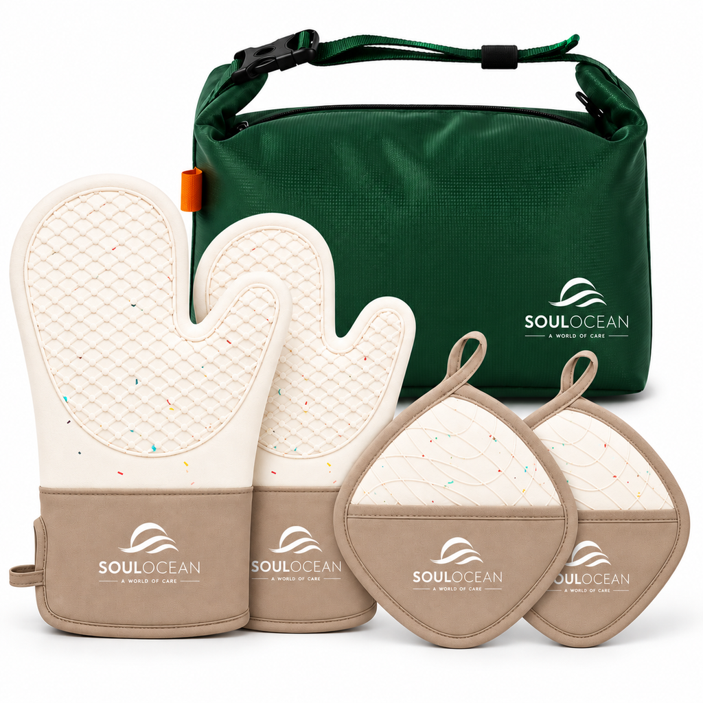 5-Piece Silicone & Cotton Oven Mitts & Pot Holders Set with Insulated Bag Includes 2 Mitts + 2 Padded Holders + 1 Reusable Bag • Built-In Hand Pockets • Textured Grip • Thick Padding • Hanging Loops