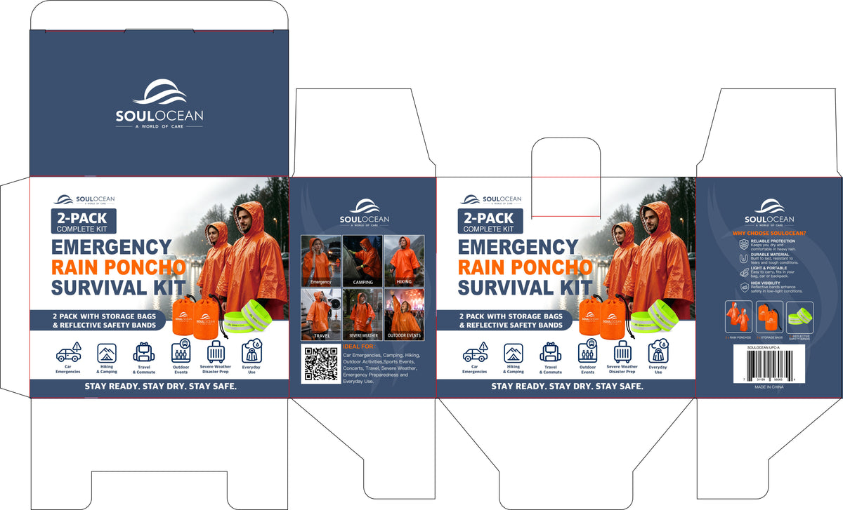 SOULOCEAN Emergency Rain Poncho Survival Kit with Reflective Bands for Low Visibility