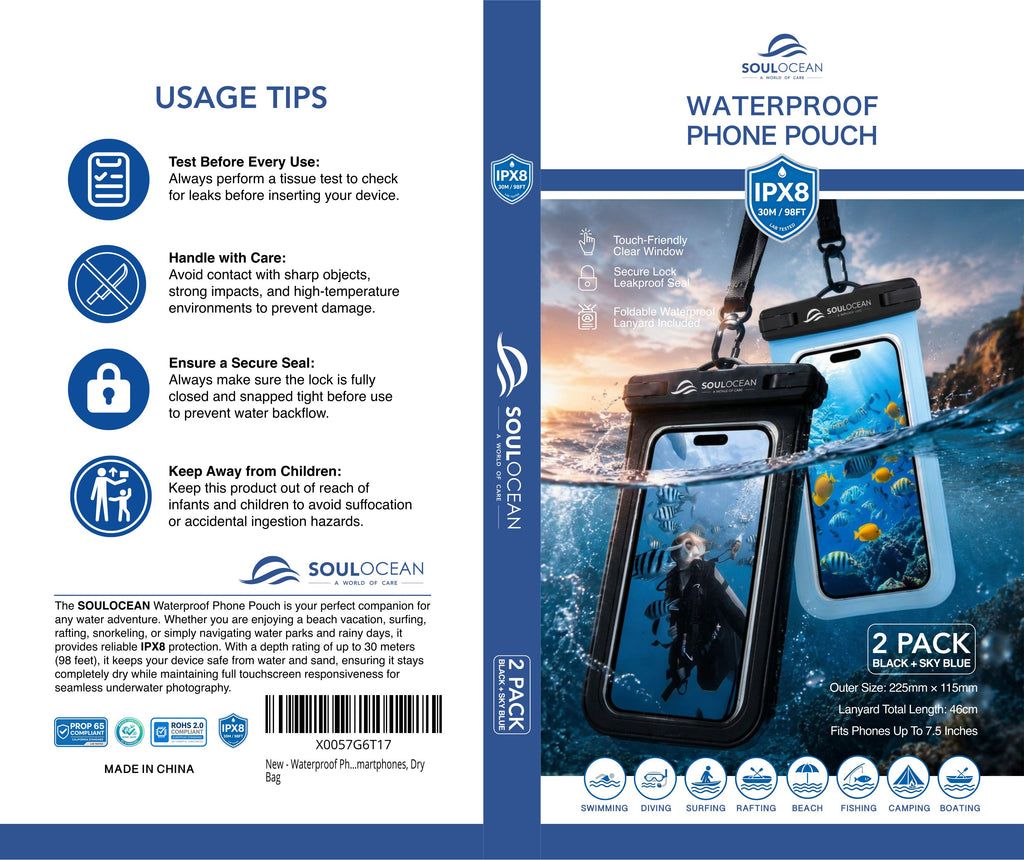 SOULOCEAN Waterproof Phone Pouch, IPX8, 2 Pack, Fits Most Smartphones, Dry Bag