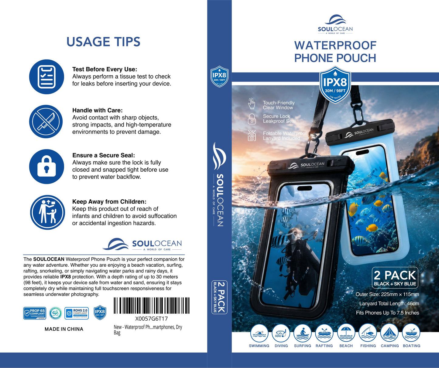 SOULOCEAN Waterproof Phone Pouch, IPX8, 2 Pack, Fits Most Smartphones, Dry Bag