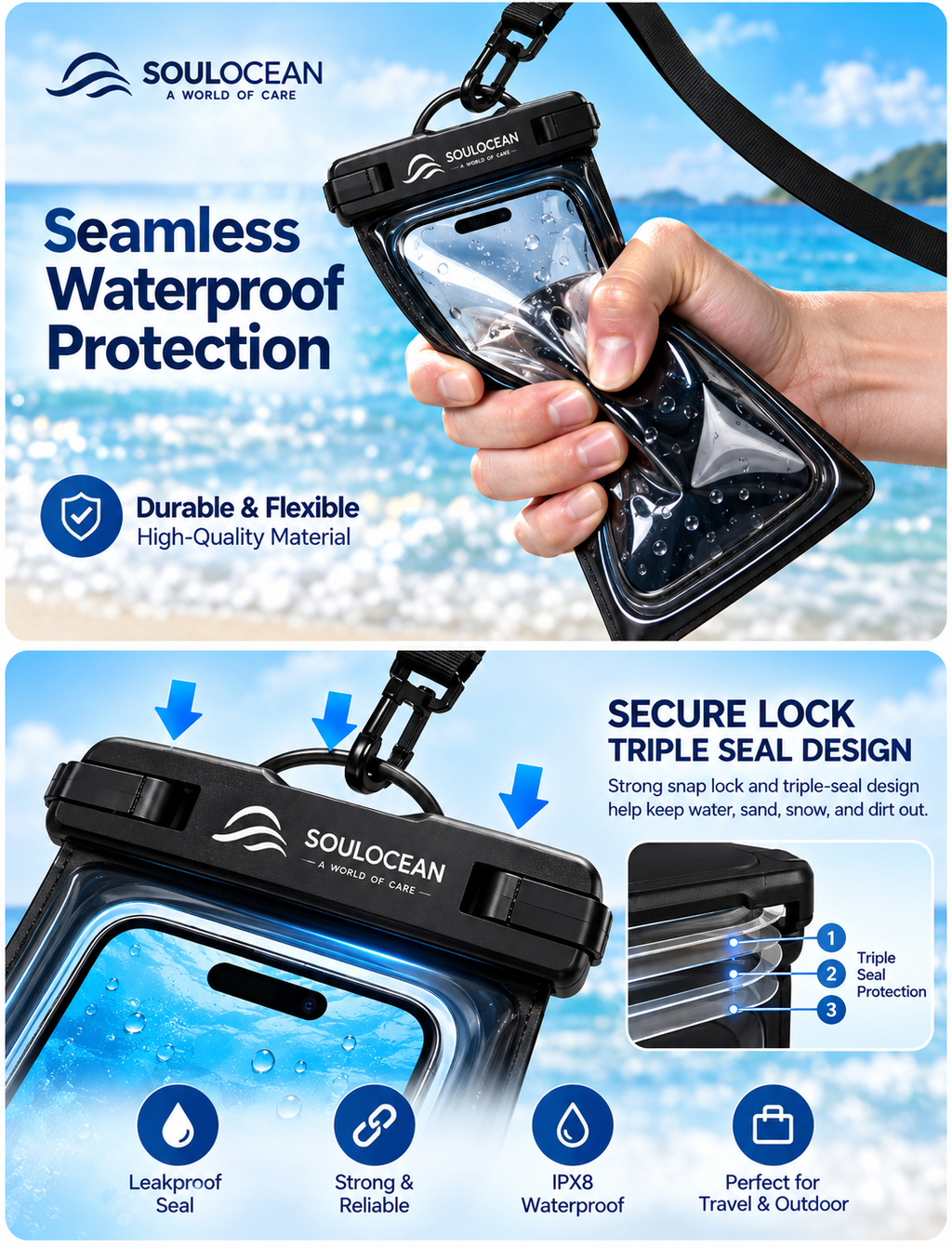 SOULOCEAN Waterproof Phone Pouch, IPX8, 2 Pack, Fits Most Smartphones, Dry Bag