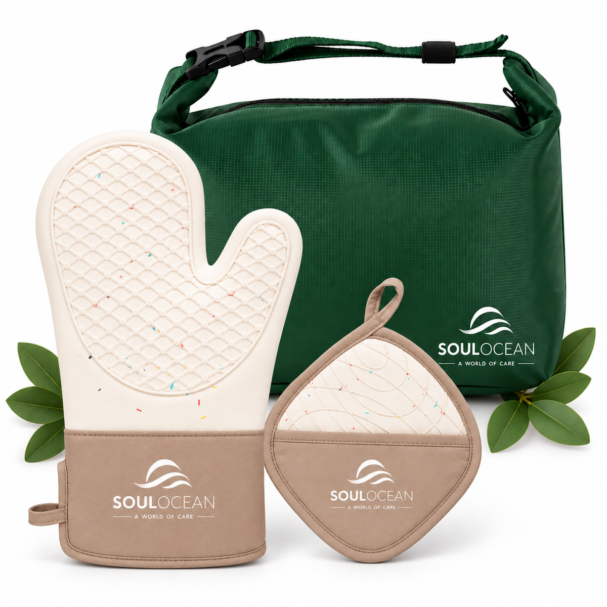 Silicone & Cotton Oven Mitt & Pot Holder Set with Reusable Storage Bag 3-Piece Set: 1 Mitt + 1 Pot Holder + 1 Reusable Bag • Textured Grip • Thick Padding • Hand Pocket • Hanging Loops