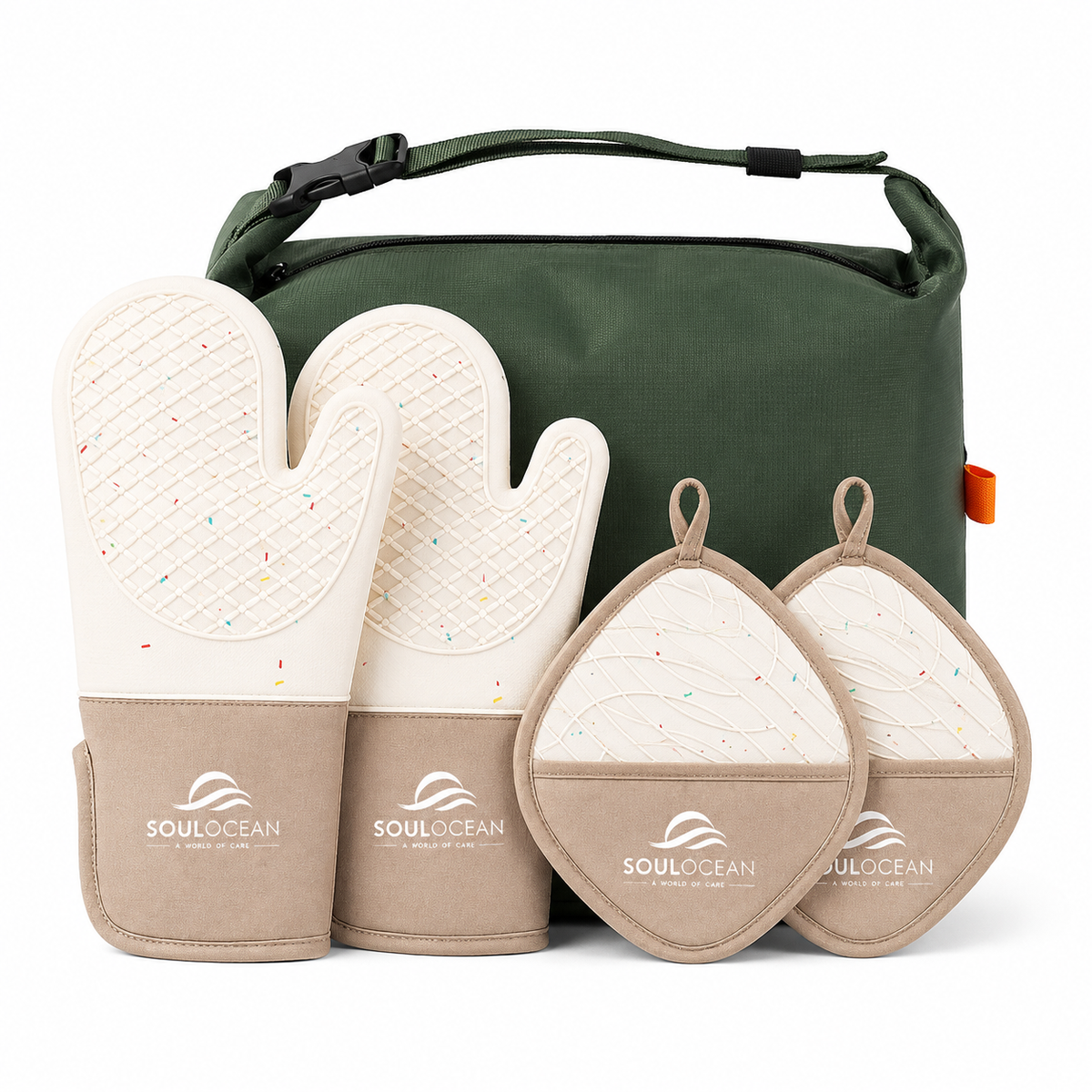 5-Piece Silicone & Cotton Oven Mitts & Pot Holders Set with Insulated Bag Includes 2 Mitts + 2 Padded Holders + 1 Reusable Bag • Built-In Hand Pockets • Textured Grip • Thick Padding • Hanging Loops