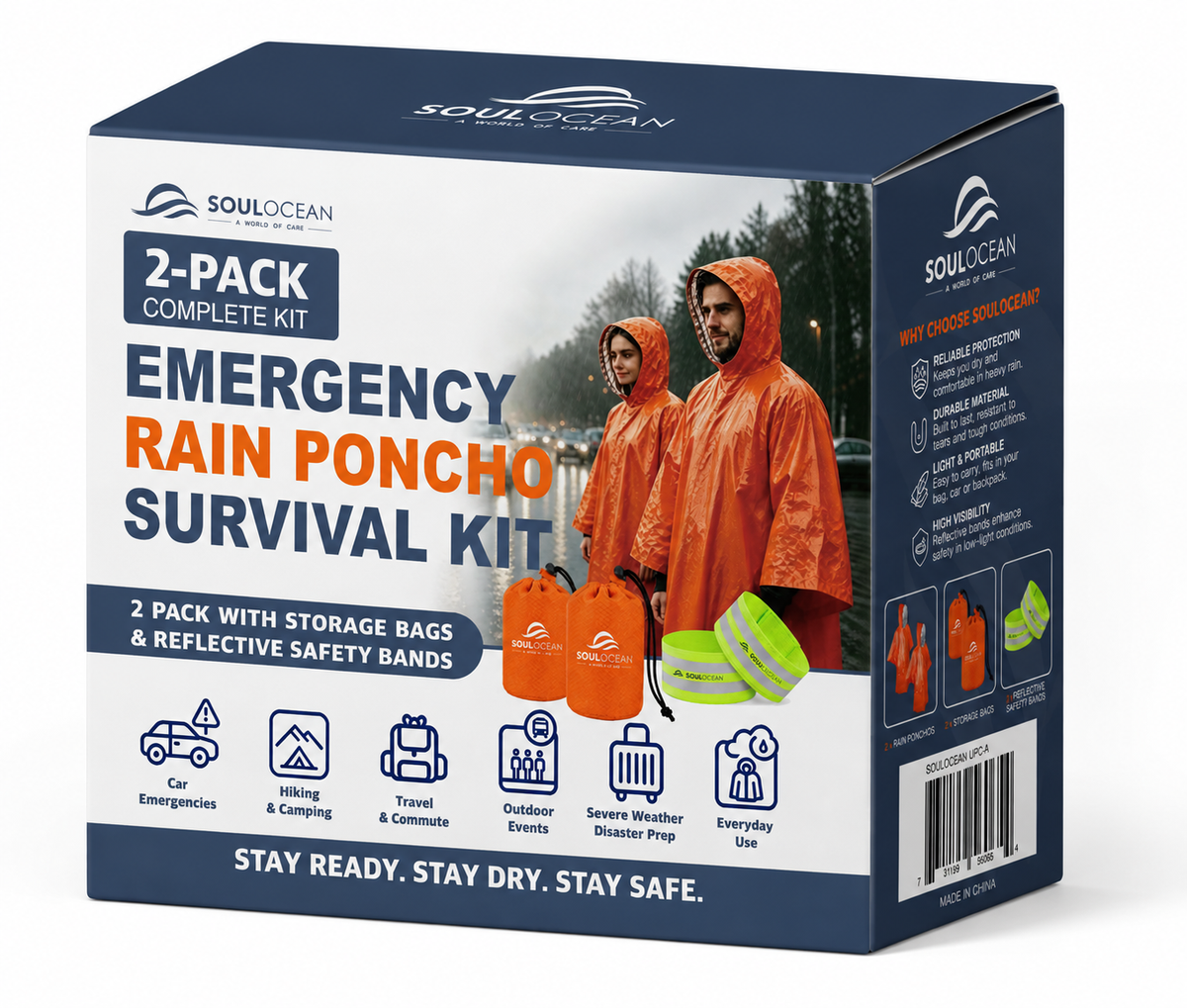 SOULOCEAN Emergency Rain Poncho Survival Kit with Reflective Bands for Low Visibility