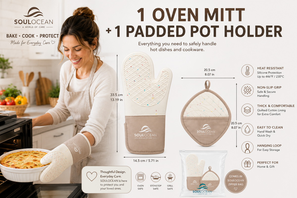 Silicone & Cotton Oven Mitt & Pot Holder Set with Reusable Storage Bag 3-Piece Set: 1 Mitt + 1 Pot Holder + 1 Reusable Bag • Textured Grip • Thick Padding • Hand Pocket • Hanging Loops