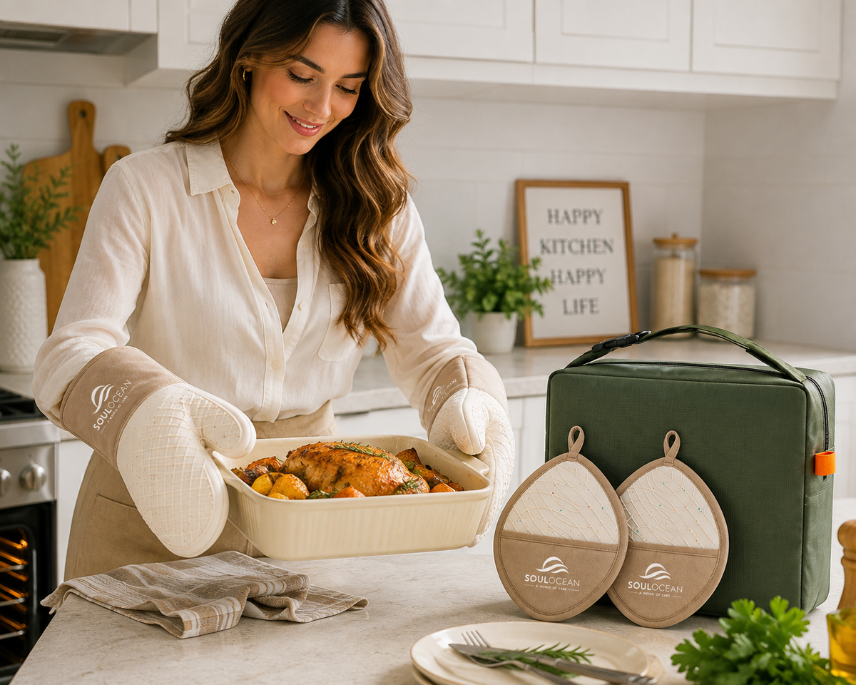 5-Piece Silicone & Cotton Oven Mitts & Pot Holders Set with Insulated Bag Includes 2 Mitts + 2 Padded Holders + 1 Reusable Bag • Built-In Hand Pockets • Textured Grip • Thick Padding • Hanging Loops