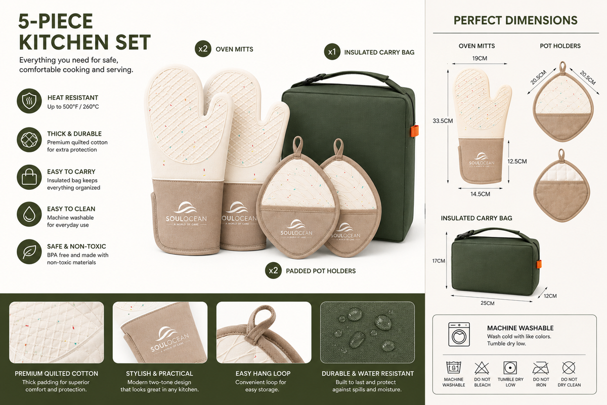 5-Piece Silicone & Cotton Oven Mitts & Pot Holders Set with Insulated Bag Includes 2 Mitts + 2 Padded Holders + 1 Reusable Bag • Built-In Hand Pockets • Textured Grip • Thick Padding • Hanging Loops