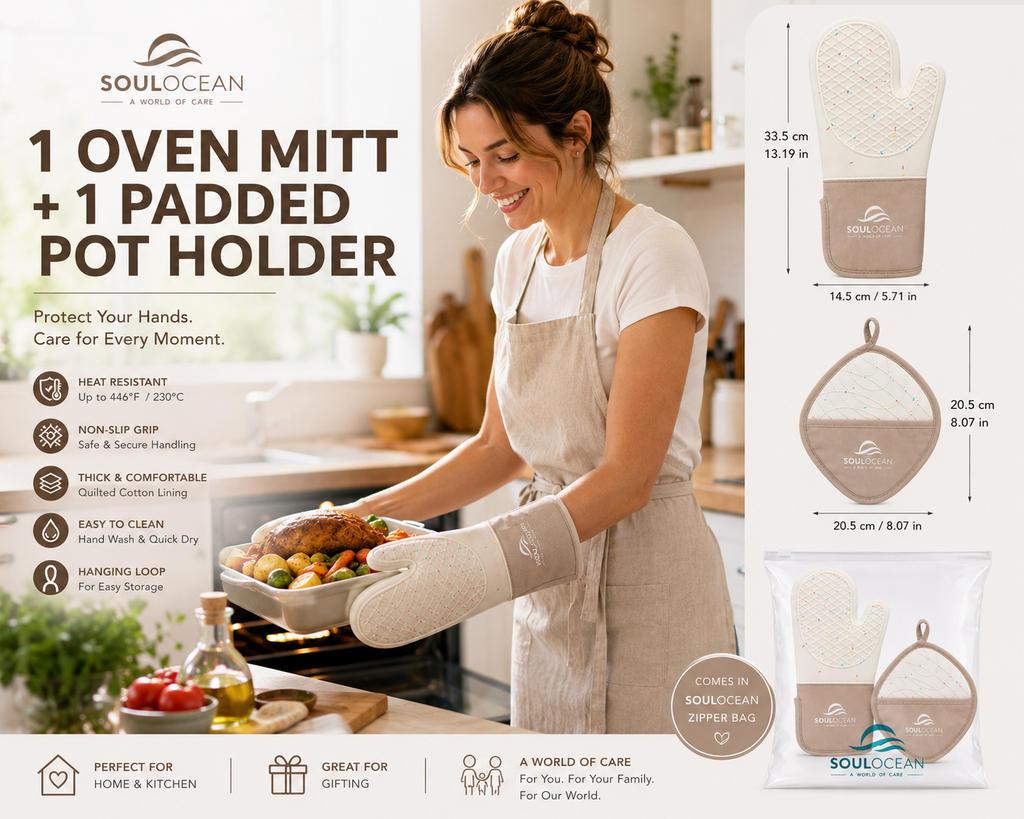 Silicone & Cotton Oven Mitt & Pot Holder Set with Reusable Storage Bag 3-Piece Set: 1 Mitt + 1 Pot Holder + 1 Reusable Bag • Textured Grip • Thick Padding • Hand Pocket • Hanging Loops