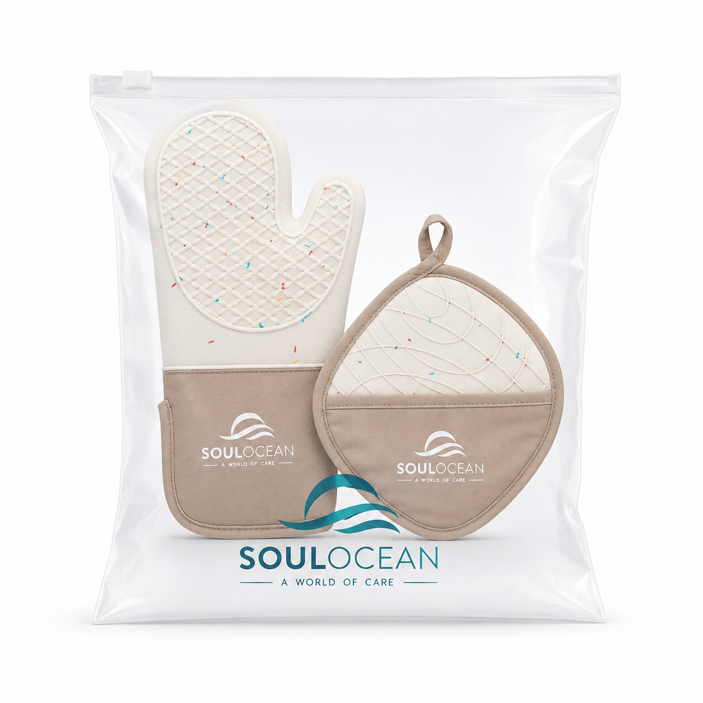 Silicone & Cotton Oven Mitt & Pot Holder Set with Reusable Storage Bag 3-Piece Set: 1 Mitt + 1 Pot Holder + 1 Reusable Bag • Textured Grip • Thick Padding • Hand Pocket • Hanging Loops