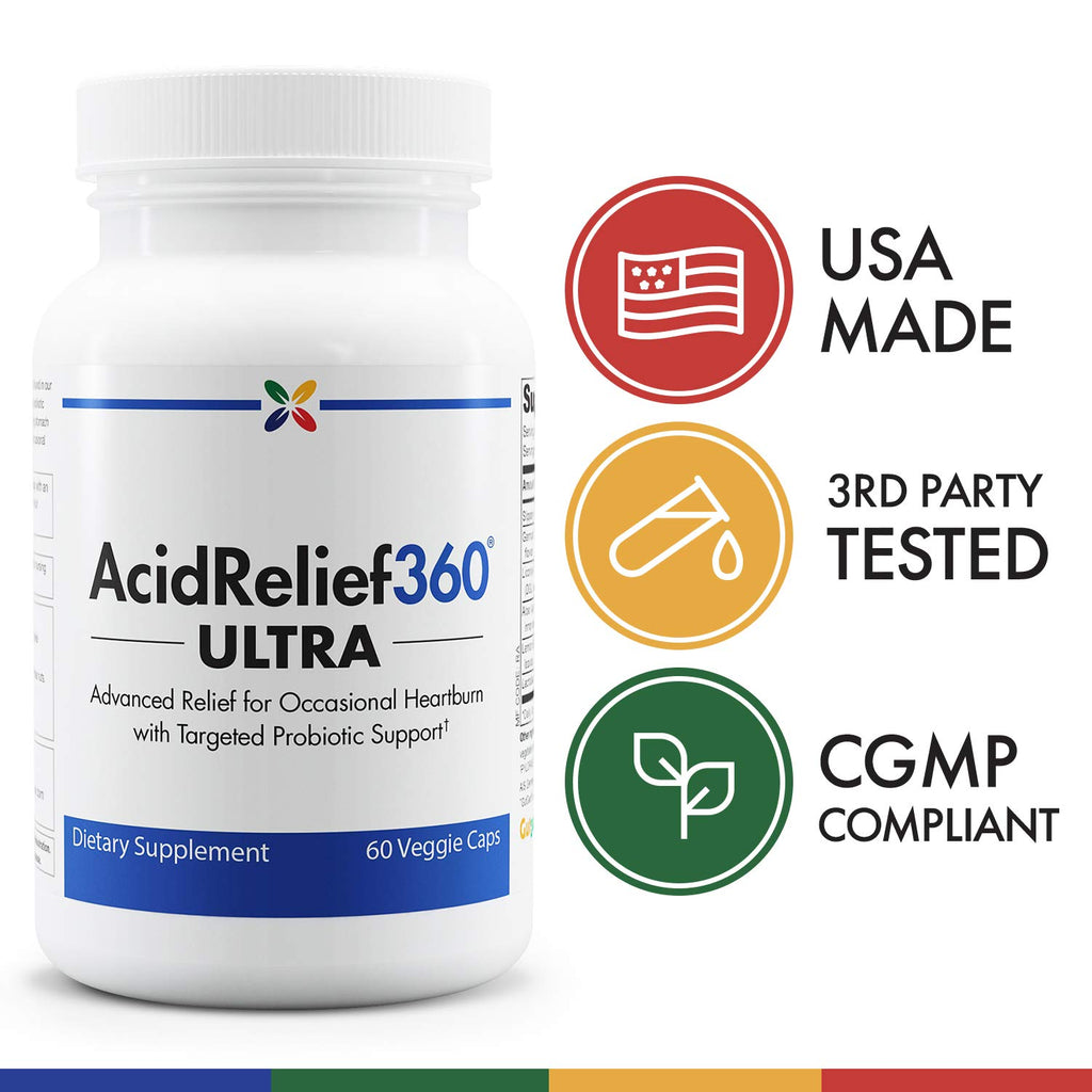 Stop Aging Now - AcidRelief360 ULTRA with GutGard and Probiotics - Advanced Relief for Occasional Heartburn with Targeted Probiotic Support - 60 Veggie Caps