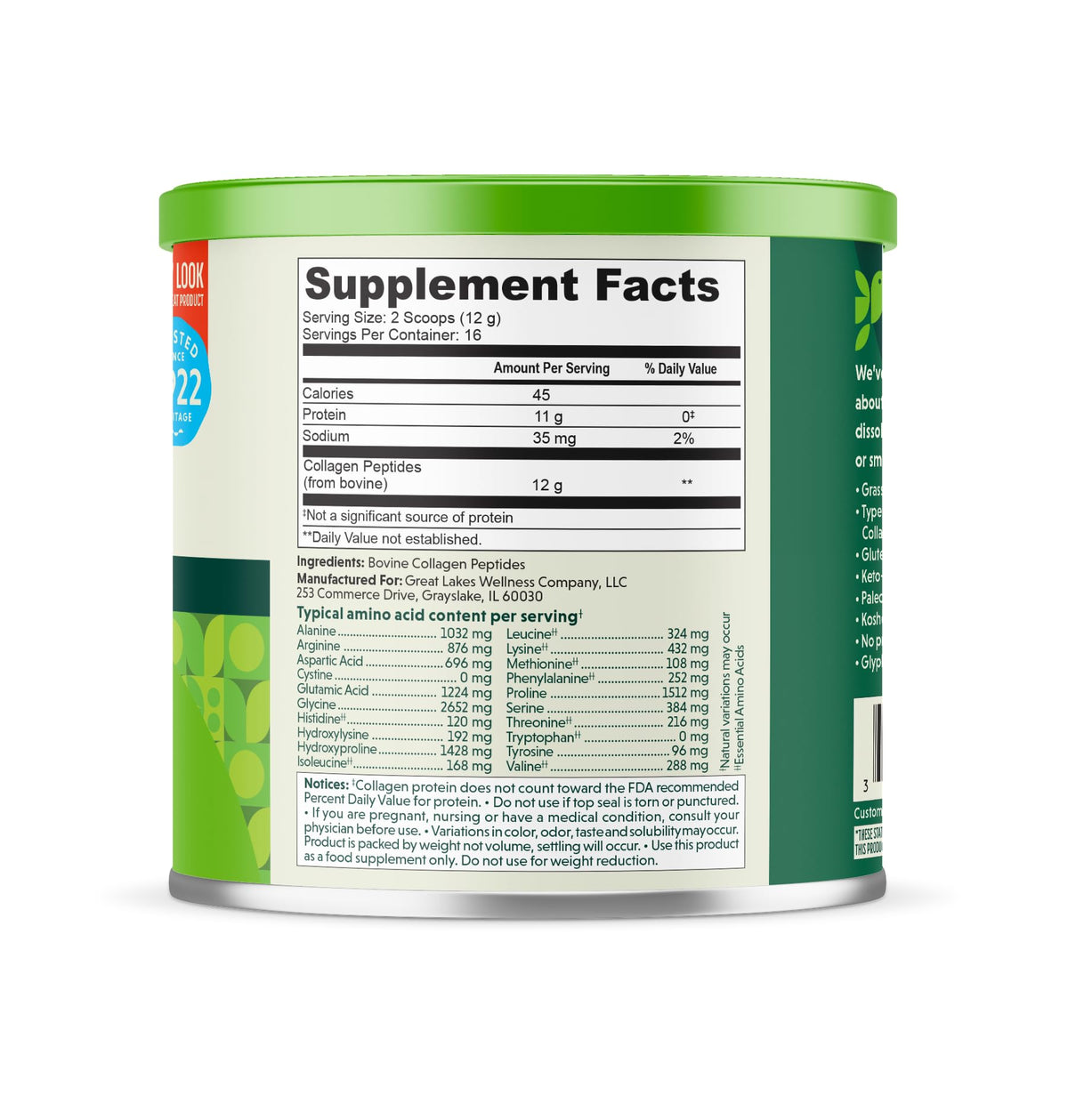 Great Lakes Wellness Collagen Peptides Powder for Skin, Hair, Nails, Joints & Digestion - Quick Dissolve Hydrolyzed, Non-GMO, Kosher