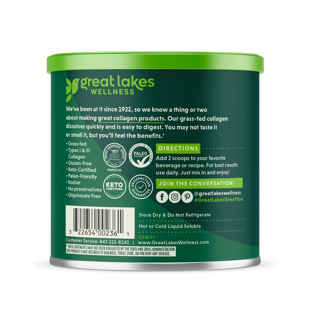 Great Lakes Wellness Collagen Peptides Powder for Skin, Hair, Nails, Joints & Digestion - Quick Dissolve Hydrolyzed, Non-GMO, Kosher