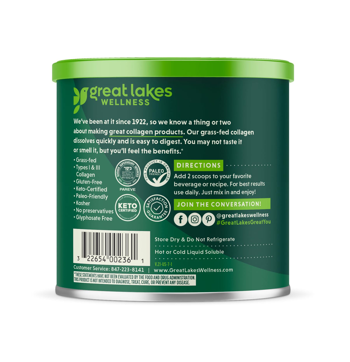 Great Lakes Wellness Collagen Peptides Powder for Skin, Hair, Nails, Joints & Digestion - Quick Dissolve Hydrolyzed, Non-GMO, Kosher
