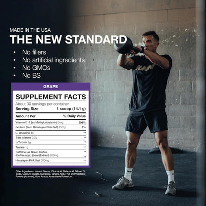 RAW Essential Pre-Workout Powder (Grape) - Chris Bumstead Sports Nutrition Supplement for Men & Women - Preworkout Energy Powder with Caffeine, L-Citrulline, L-Tyrosine, & Beta Alanine Blend
