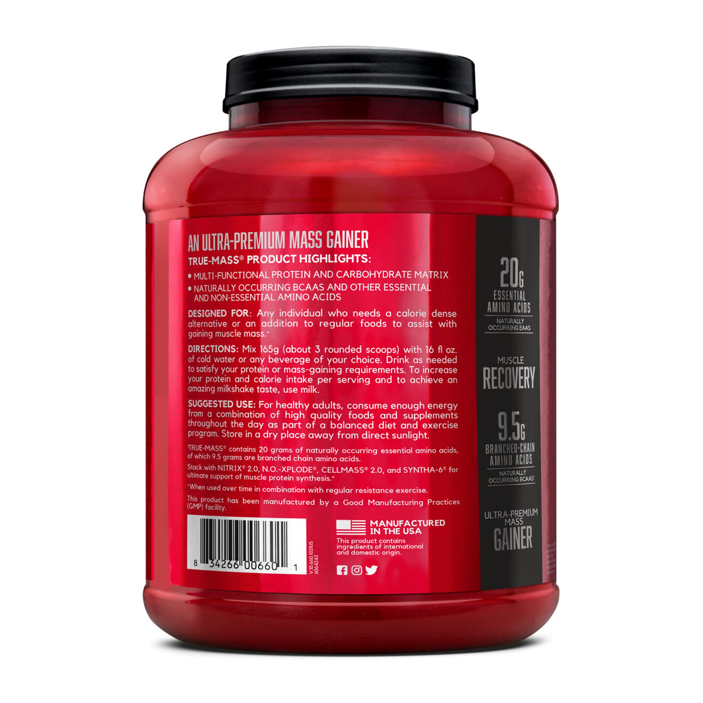 BSN True-Mass Weight Gainer, Muscle Mass Gainer Protein Powder, Vanilla Ice Cream, 5.82 Pound