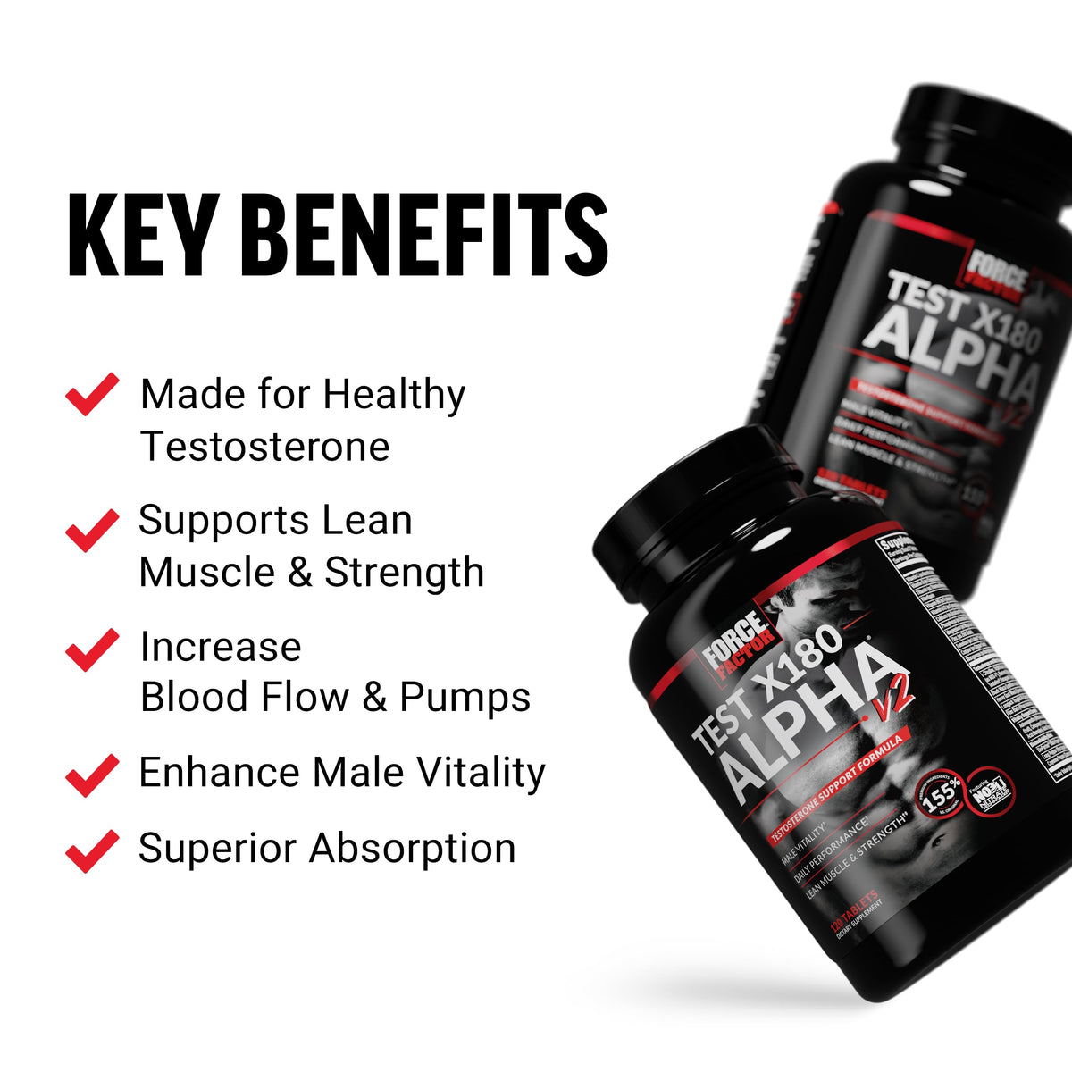 Force Factor Test X180 Alpha v2 T-Support for Men, T-Supplement to Help Build Strength, Boost Nitric Oxide, and Support Daily Performance, 120 Tablets