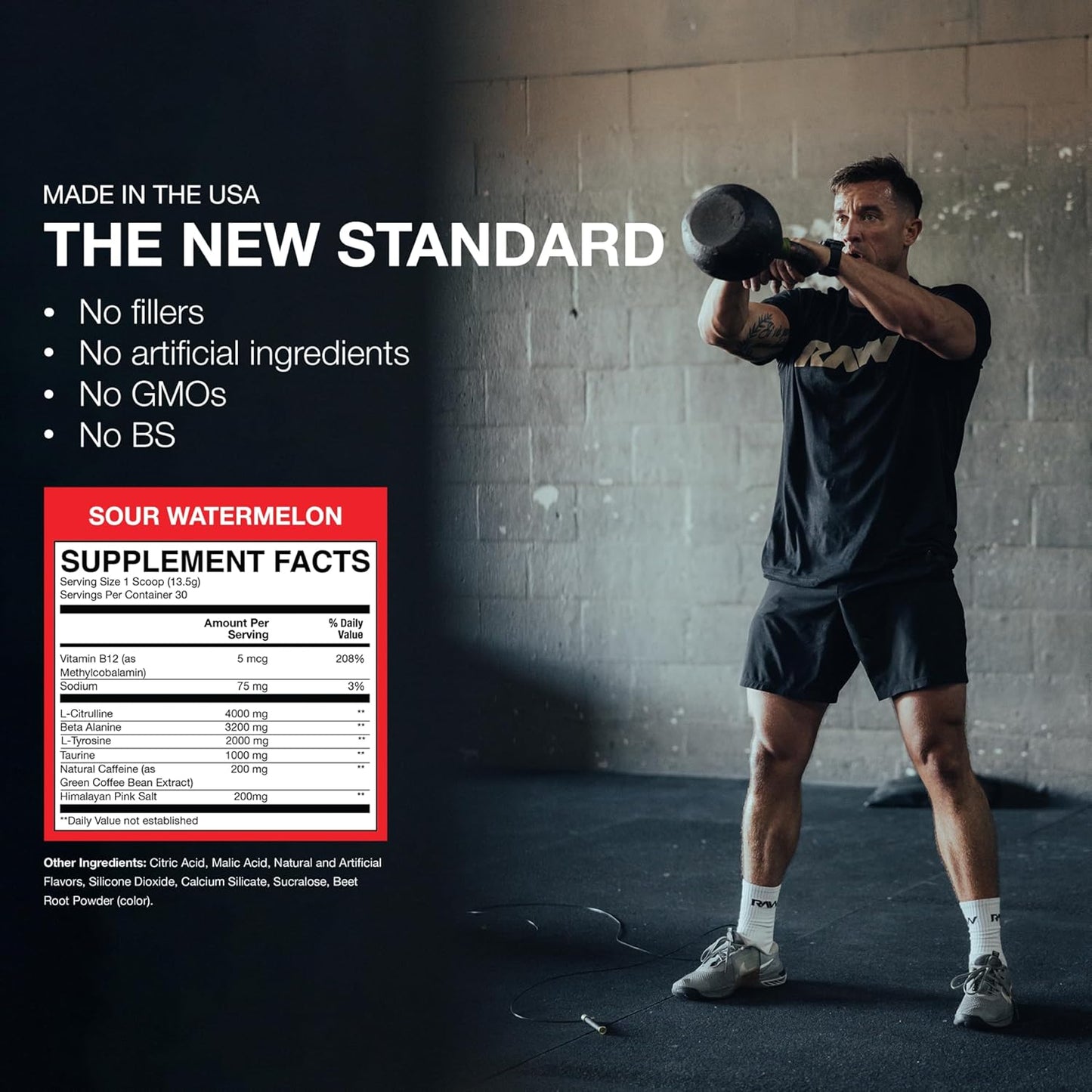 RAW Essential Pre-Workout Powder (Sour Watermelon) - Chris Bumstead Sports Nutrition Supplement for Men & Women - Preworkout Energy Powder with Caffeine, L-Citrulline, L-Tyrosine, & Beta Alanine Blend