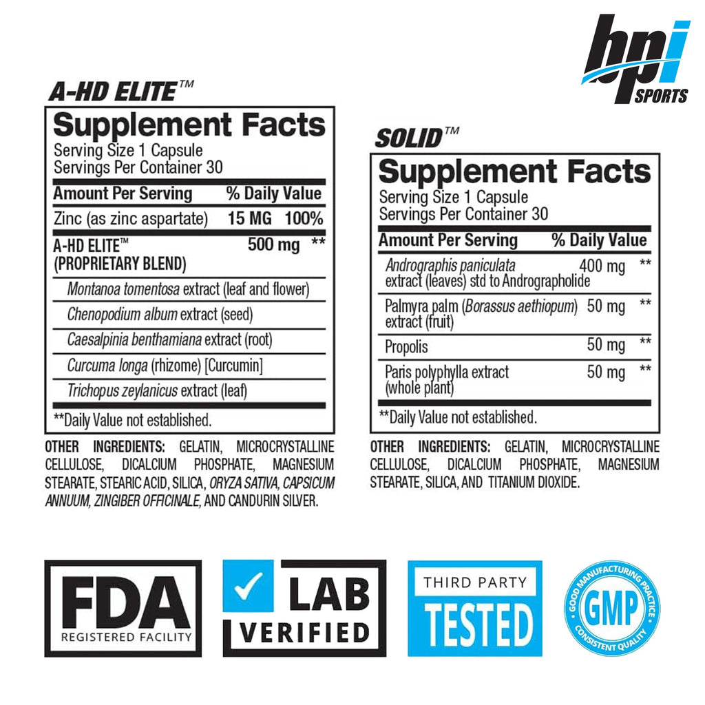 BPI Sports A-HD Elite/Solid Testosterone Booster for Men - Testosterone Supplement for Muscle, Strength, Libido & Performance Support - Promotes Natural Fat Loss – 30 Servings – 550mg