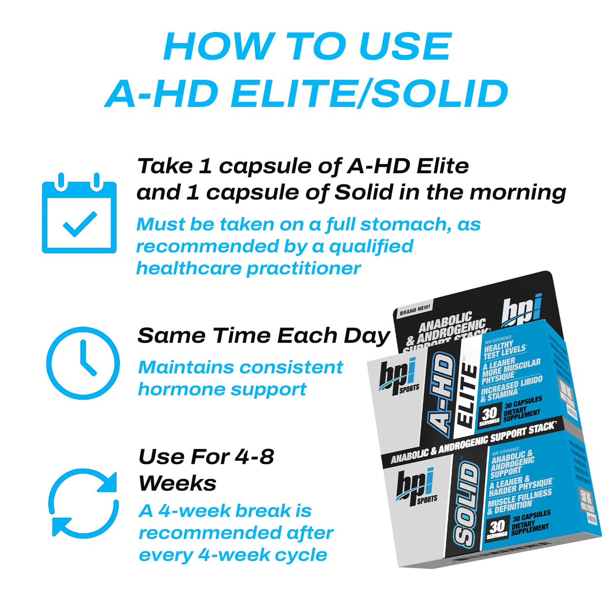 BPI Sports A-HD Elite/Solid Testosterone Booster for Men - Testosterone Supplement for Muscle, Strength, Libido & Performance Support - Promotes Natural Fat Loss – 30 Servings – 550mg