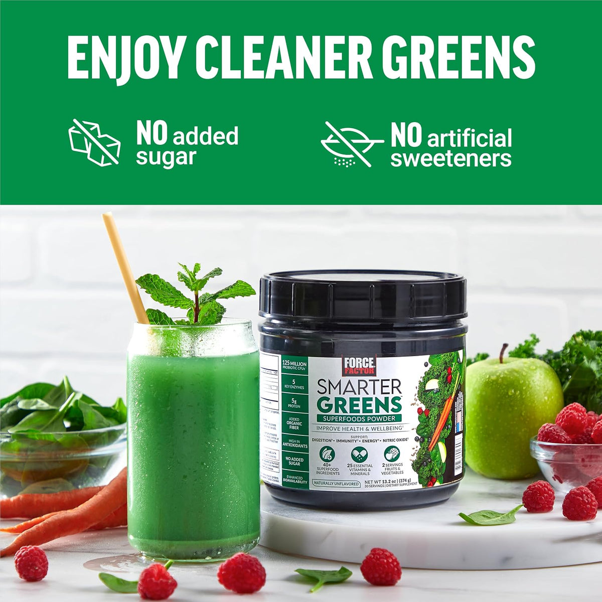 Force Factor Smarter Greens Superfoods Powder, 3-Pack, Supports Digestion and Bloating, Immunity, and Energy, Greens Powder with Probiotics, Digestive Enzymes, Antioxidants, and Fiber, 90 Servings