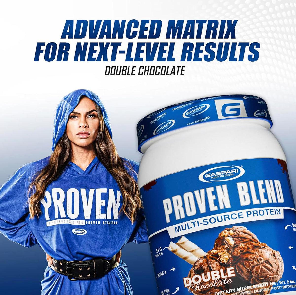 Gaspari Nutrition Proven Blend, Multi Source Protein Powder, Beef Protein Isolate, Whey Concentrate, and Whey Isolate, Builds Lean Muscle, 24g of Protein (28 Servings, Double Chocolate)