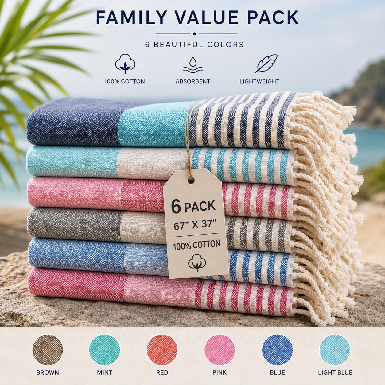 Turkish Beach Towels, 6 Pack, 100% Cotton, Quick Dry, Lightweight & Soft