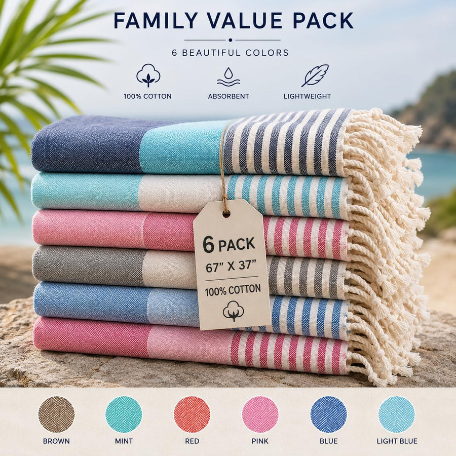 Turkish Beach Towels, 6 Pack, 100% Cotton, Quick Dry, Lightweight & Soft