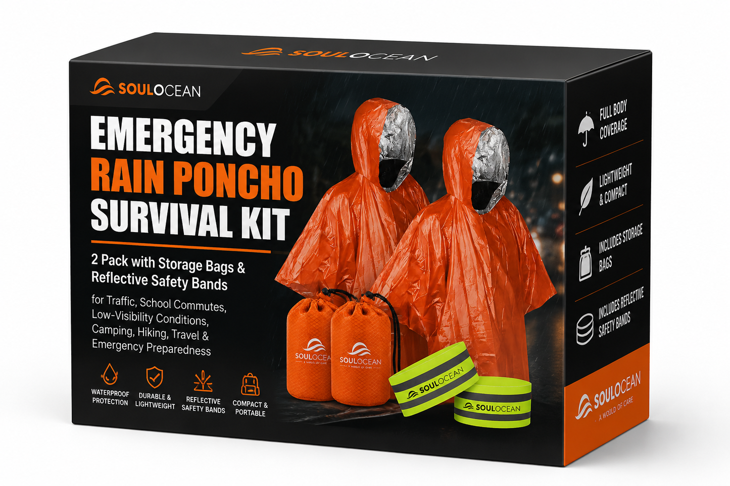 SOULOCEAN Emergency Rain Poncho Survival Kit with Reflective Bands for Low Visibility