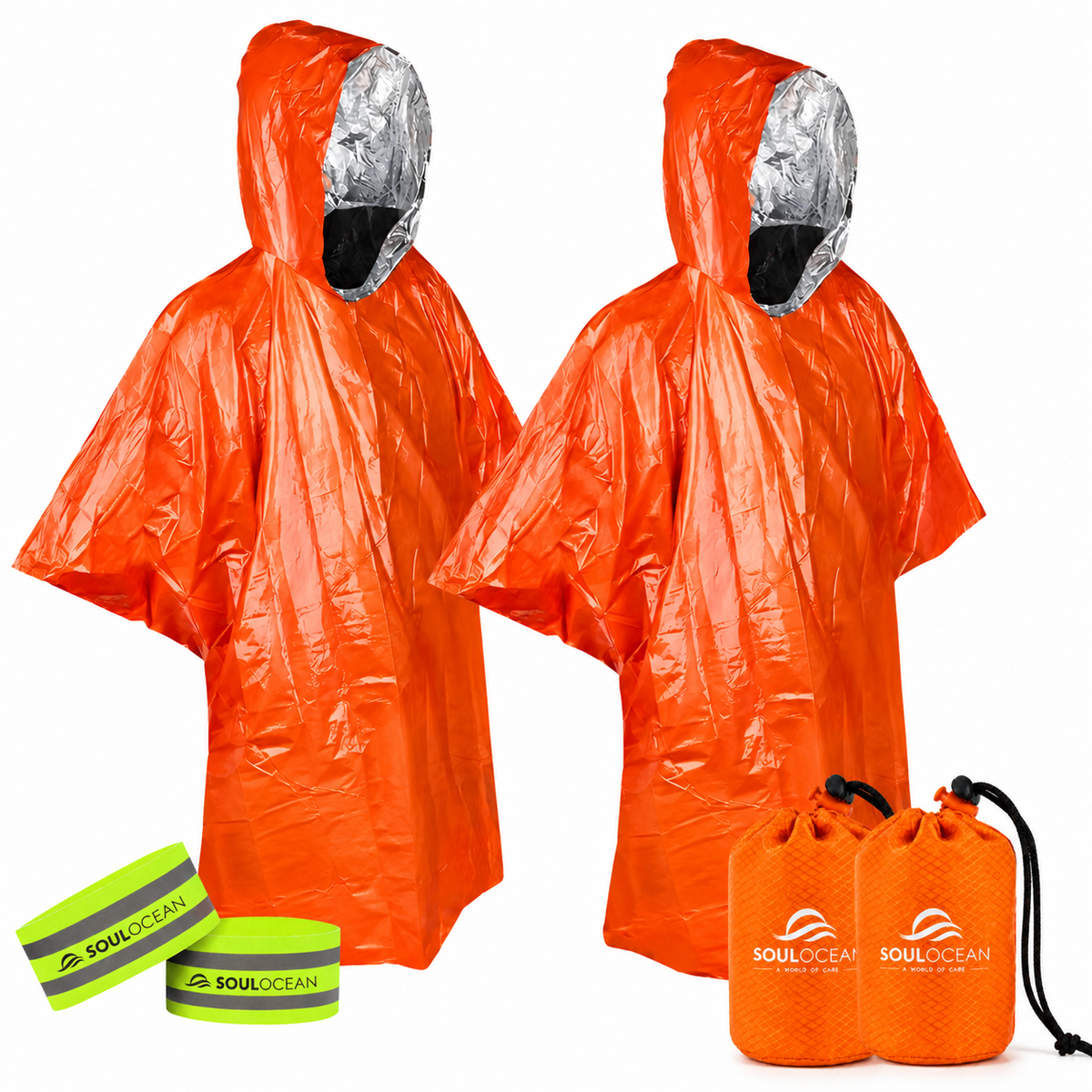 SOULOCEAN Emergency Rain Poncho Survival Kit with Reflective Bands for Low Visibility