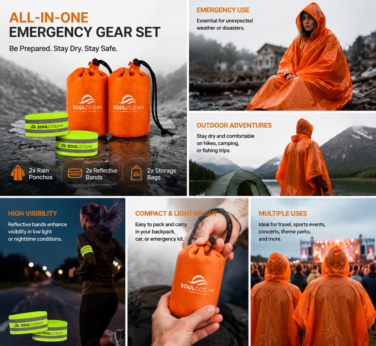 SOULOCEAN Emergency Rain Poncho Survival Kit with Reflective Bands for Low Visibility