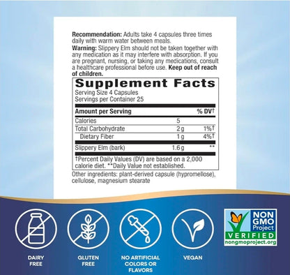 Nature's Way Slippery Elm Bark Capsules, Traditional Digestive Support to Soothe Gastrointestinal Tract*, 1,600 mg per 4-Capsule Serving for Traditional GI Support*, Vegan, 100 Capsules