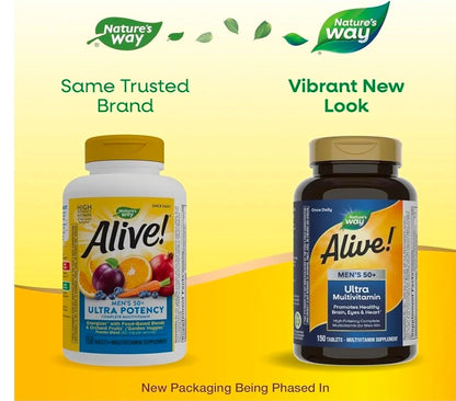 Nature's Way Alive! Ultra Potency Multivitamin for Men 50 Plus, Complete High Potency Formula with Vitamin D3, C, E, Methyl B12, Supports Cellular Energy, Heart, Brain, and Eye Health,* 150 Tablets