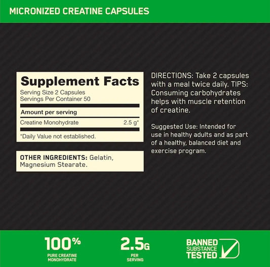 Optimum Nutrition Micronized Creatine Monohydrate Capsules, Keto Friendly, 2500mg, 100 Capsules