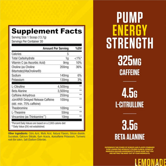 RYSE BCAA Focus Powder - Country Time Lemonade - BCAA Supplement with Electrolytes, Natural Caffeine & Cognizin Supports for Hydration, Recovery, Energy, and Focus for Men & Women - 30 Servings