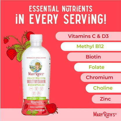 MaryRuth's Liquid Morning Multivitamin Essentials+ | Vitamin A C D E B6 B12 Biotin Zinc | Mens Womens Multivitamin | Immune Support | Beauty | Sugar Free | Vitamins for Ages 1+ | Vegan | 32 Fl Oz