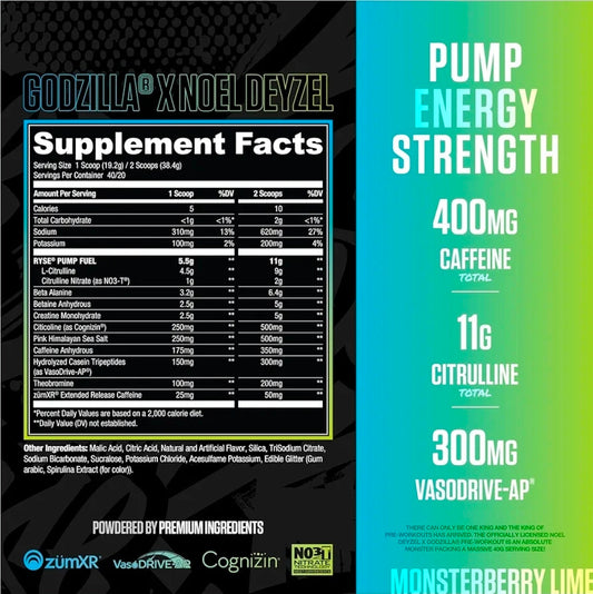 RYSE Godzilla X Noel Deyzel Pre Workout Powder - Monsterberry Lime - 400mg Caffeine, High Stim Pre-Workout for Men & Women with Citrulline & Beta Alanine - Energy, Pump & Focus - 20/40 Servings