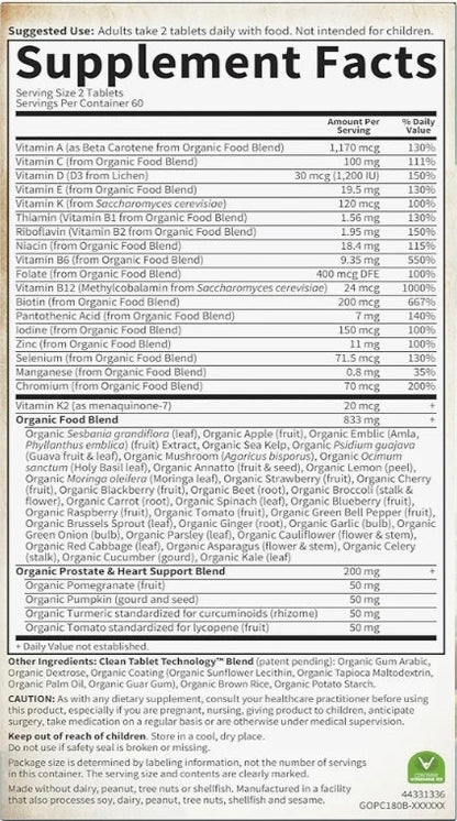 Garden of Life Organics Men's 40+ Multivitamin with Prostate Support, B12 & Vitamins – Vegan Daily Whole Food Multivitamin, Non-GMO, Certified Organic, 120 Tablets