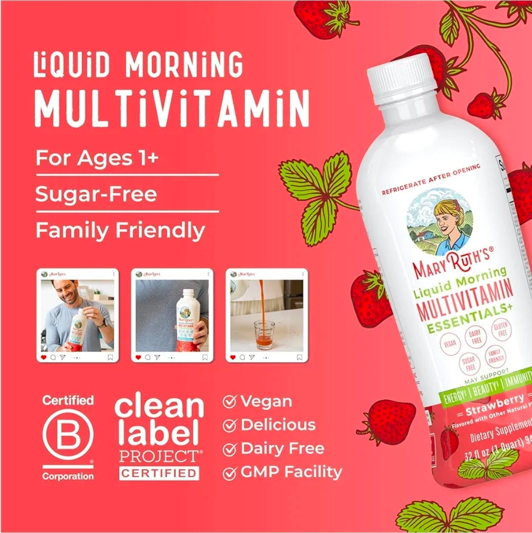 MaryRuth's Liquid Morning Multivitamin Essentials+ | Vitamin A C D E B6 B12 Biotin Zinc | Mens Womens Multivitamin | Immune Support | Beauty | Sugar Free | Vitamins for Ages 1+ | Vegan | 32 Fl Oz