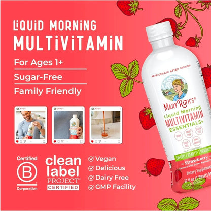 MaryRuth's Liquid Morning Multivitamin Essentials+ | Vitamin A C D E B6 B12 Biotin Zinc | Mens Womens Multivitamin | Immune Support | Beauty | Sugar Free | Vitamins for Ages 1+ | Vegan | 32 Fl Oz