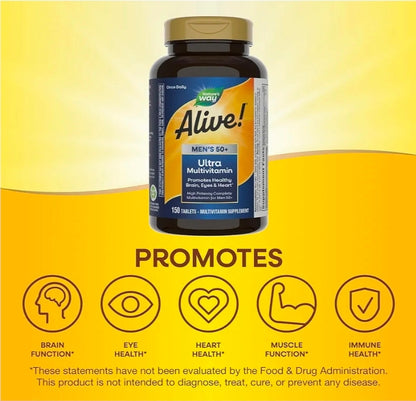 Nature's Way Alive! Ultra Potency Multivitamin for Men 50 Plus, Complete High Potency Formula with Vitamin D3, C, E, Methyl B12, Supports Cellular Energy, Heart, Brain, and Eye Health,* 150 Tablets